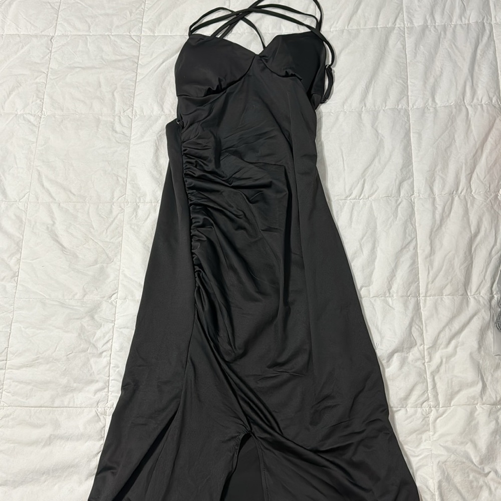 Long spaghetti strap, cross back, black dress, Medium w/ thigh, split and train